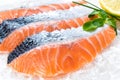 Fresh sliced salmon portions on ice.