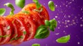 Fresh Sliced Tomato and Basil Leaves Tumbling with Salt on Vibrant Purple Background Healthy Eating Concept Royalty Free Stock Photo