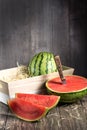 Fresh sliced watermelon wooden background Royalty Free Stock Photo