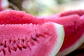 Fresh sliced watermelon on wooden background. Selective focus