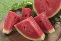 Fresh sliced watermelon wooden background Royalty Free Stock Photo