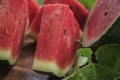 Fresh sliced watermelon wooden background Royalty Free Stock Photo