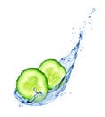 Fresh slices of cucumber with water splashes isolated on white Royalty Free Stock Photo