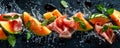 Fresh Slices of Melon Wrapped with Prosciutto Ham Splashed with Water Droplets and Mint Leaves on Dark Background Gourmet