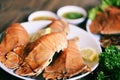 Fresh slipper lobster flathead boiled cooking with parsley rosemary in the seafood restaurant, Flathead lobster shrimps served on