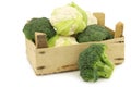 Fresh small cauliflower and broccoli in a wooden crate Royalty Free Stock Photo