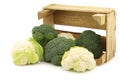 Fresh small cauliflower and broccoli in a wooden crate Royalty Free Stock Photo