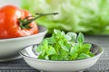 Fresh, small-leaved basil in a bowl with a tomato Royalty Free Stock Photo