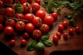 Fresh small ripe tomatoes on table with greenery. Generative AI Royalty Free Stock Photo