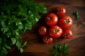Fresh small ripe tomatoes on table with greenery. Generative AI Royalty Free Stock Photo
