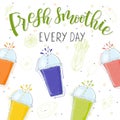 Fresh smoothie in different cups. Every day. Superfoods and health or detox diet food concept in doodle style.