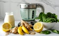 Fresh Smoothie Ingredients With Blender in a Bright Kitchen in the Morning Royalty Free Stock Photo