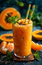 Fresh smoothie with papaya mint and chia seeds in glass on dark background Royalty Free Stock Photo