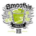 Fresh smoothie recipe. Detox smoothie in a glass in doodle style with calligraphy lettering. handmade vector