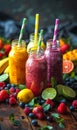 Fresh smoothies from different berries in glass jar with straw on wooden background Royalty Free Stock Photo