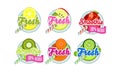 Fresh smoothies logo set, lemon, apple, strawberry, kiwi, orange, lime fresh drink badges vector Illustration on a white Royalty Free Stock Photo
