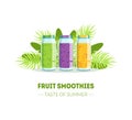 Fresh Smoothies Taste of Summer Banner Template with Vitamin Drink Cocktails, Natural Vegetarian Healthy Food