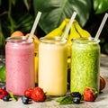 Fresh smoothies on tropical background