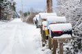 Fresh Snow Covers Mailboxes in a Rural Winter Landscape. Royalty Free Stock Photo