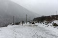 Fresh snow on road causes road block at Yumthang valley, Sikkim, India. Selective focus