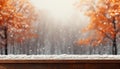 Fresh snow on wooden table with falling snow as natural background and blurred forestwide 16k. Royalty Free Stock Photo