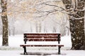 fresh snowfall on aged sheet music on a park bench Royalty Free Stock Photo