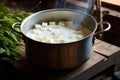 fresh soy milk in a pot for tofu curdling Royalty Free Stock Photo