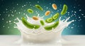 Fresh soybeans splashing into milk with dynamic motion effect Royalty Free Stock Photo