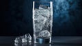 Fresh sparkling water cool and ice cube in glass tall on dark blurred background.