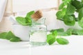 Fresh spearmint leaves and a small bottle with essential mint oil