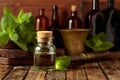 Fresh spearmint leaves and a small bottle with essential mint oil