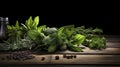 Fresh spices rosemary, mint, basil and other aromatic herbs are lying on wooden table on dark background.