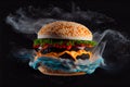 Fresh Spicy Big Hamburger Sauce Splashing or Cheese Burger Flying on a Dark and Moody Background AI Generative