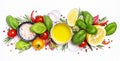 Fresh spicy herbs and spices for mediterranean diet. Banner. Tomato, green basil, olive oil, garlic and other. Vegan healthy food