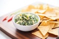 fresh spinach artichoke dip in a white bowl with tortilla chips Royalty Free Stock Photo