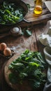 Fresh spinach on a cutting board with eggs in the background, AI Generated