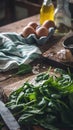 Fresh spinach on a cutting board with eggs in the background, AI Generated