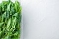 Fresh spinach leaves  on white background  in plastic pack  top view flat lay   with space for text copyspace Royalty Free Stock Photo