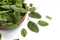 Fresh spinach in a wooden bowl isolated on white background Royalty Free Stock Photo