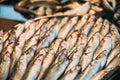 Fresh Sprat Fish On Display On Ice On Market Store Shop. Seafood Fish Background. Royalty Free Stock Photo