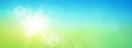 Fresh spring abstract background with glowing sun and hexagonal bokeh. Graphic element with blue and green colour gradients Royalty Free Stock Photo