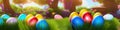 Fresh spring background with easter eggs banner green juicy meadow. Colored Easter eggs hidden flowers grass.Easter Royalty Free Stock Photo