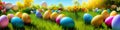 Fresh spring background with easter eggs banner green juicy meadow. Colored Easter eggs hidden flowers grass.Easter Royalty Free Stock Photo