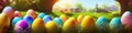 Fresh spring background with easter eggs banner green juicy meadow. Colored Easter eggs hidden