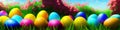 Fresh spring background with easter eggs banner green juicy meadow. Colored Easter eggs hidden Royalty Free Stock Photo