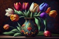 Fresh spring colorful bouquet of tulips in vase standing on black background with light classic design living room background. Royalty Free Stock Photo