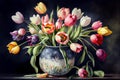 Fresh spring colorful bouquet of tulips in vase standing on black background with light classic design living room background. Royalty Free Stock Photo