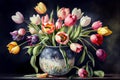 Fresh spring colorful bouquet of tulips in vase standing on black background with light classic design living room Royalty Free Stock Photo