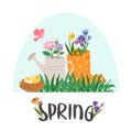 Fresh spring easter concept with chicks, grass, dandelions and daisies in gum boot and watering can cartoon vector