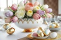 Fresh spring flowers and golden Easter eggs. Easter table decoration. AI Generated Royalty Free Stock Photo